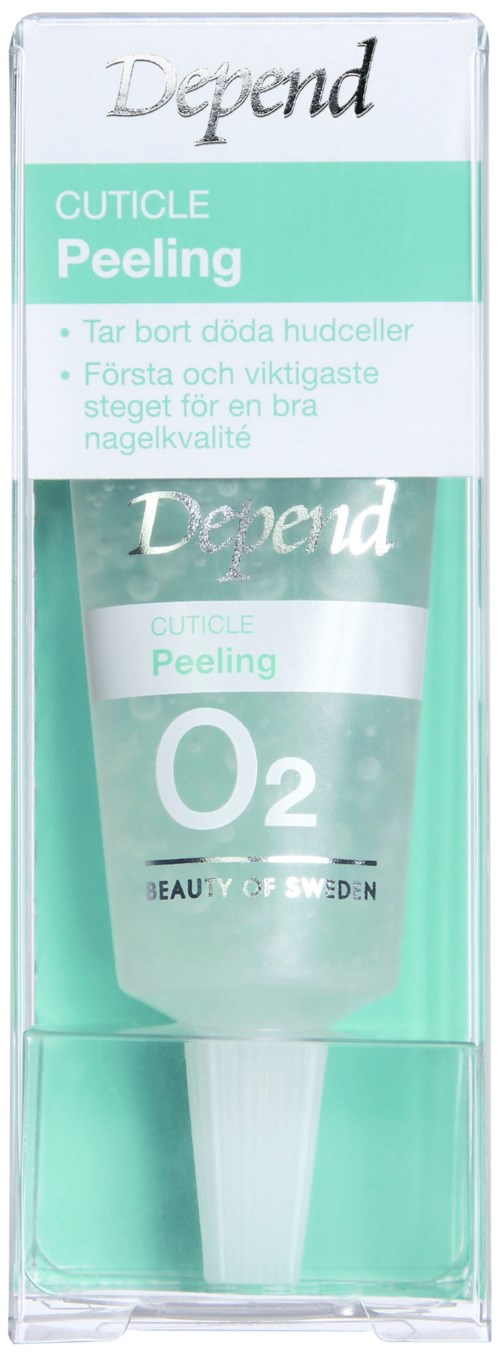 En tube med Depend Cuticle Peeling krem i gjennomsiktig emballasje med hvite, grønne og blå etiketter.