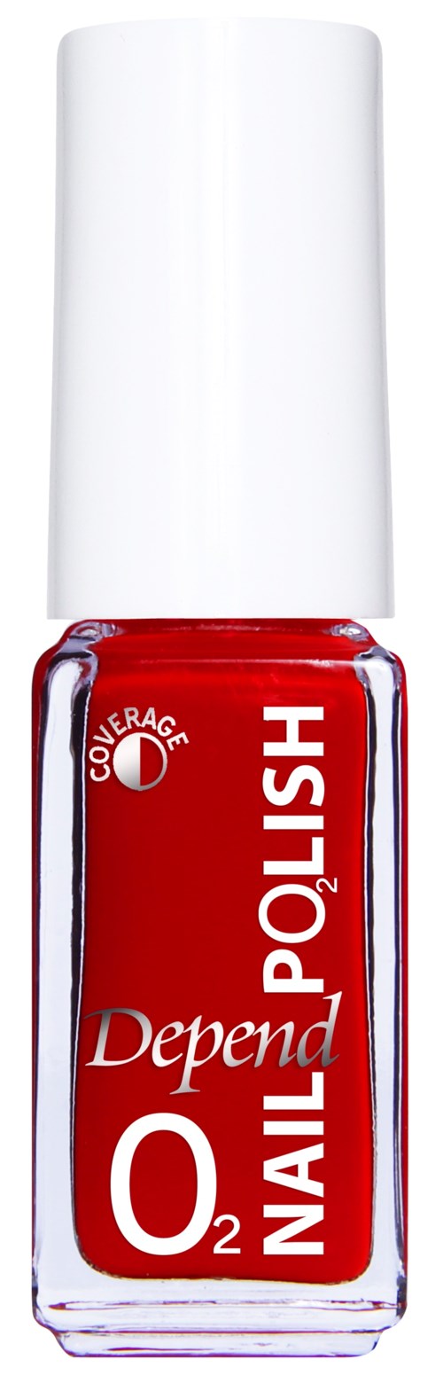 Rood nagellakfles met witte dop en witte tekst op label.