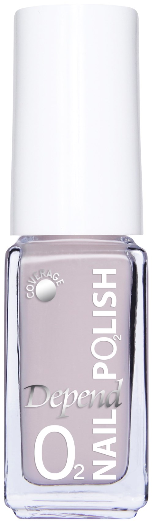 En klar nagellacksflaska med vit kork, märkt med varumärke och produktdetaljer.