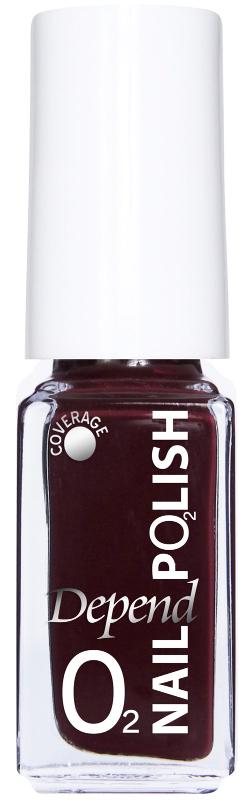 Een fles Depend nagellak in donkerrood met een witte dop.