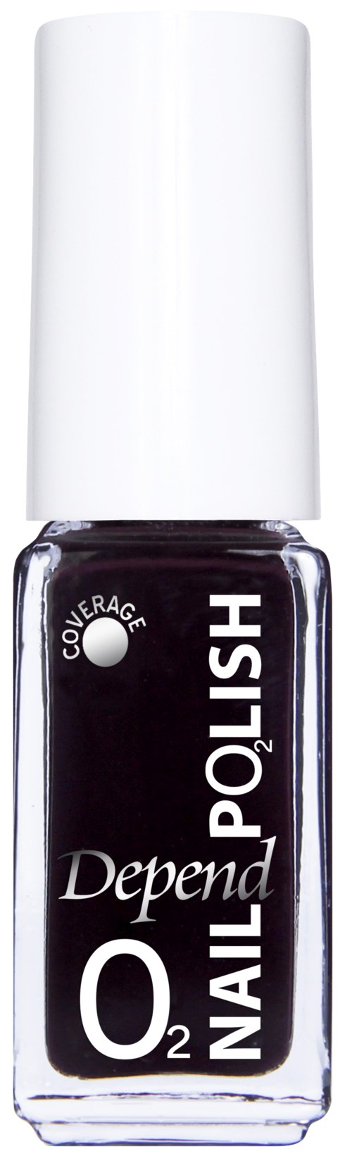 Een klein flesje Depend O2 nagellak in donkerpaars met een witte dop.