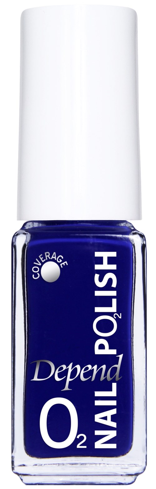 Een blauw flesje nagellak met witte dop, labeled 'Depend O2 Nail Polish', indicatie van dekking en zuurstofforfeit.
