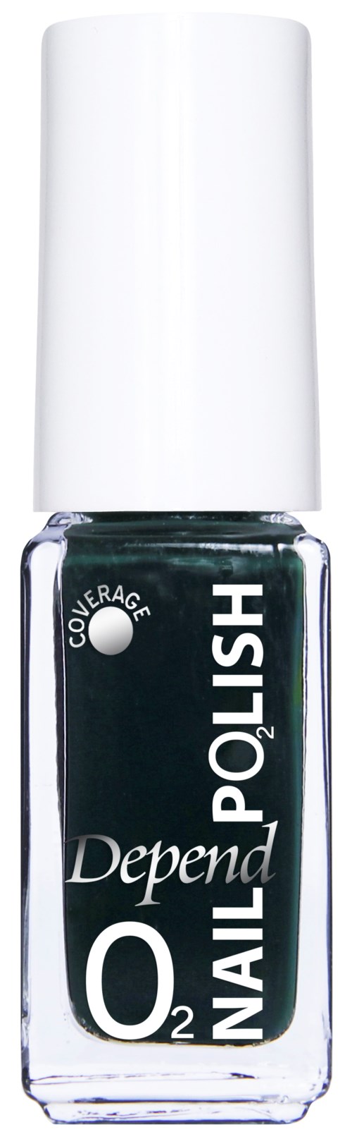 Een flesje nagellak van Depend in donkergroen met witte dop.