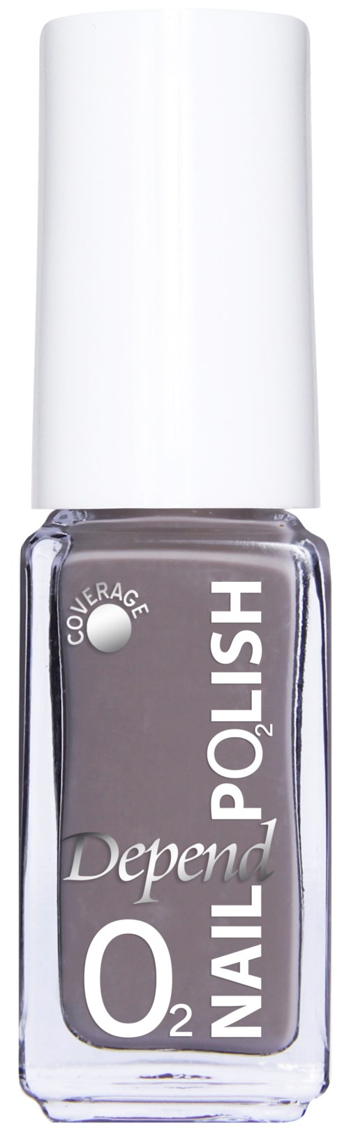Een doorzichtige nagellakfles met een witte dop en het merk Depend, gelabeld O2 Nail Polish.