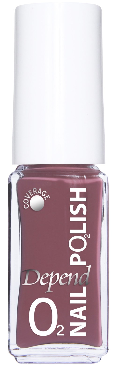 Een fles Depend O2 Nagellak met een witte dop en mauvekleurige vloeistof.