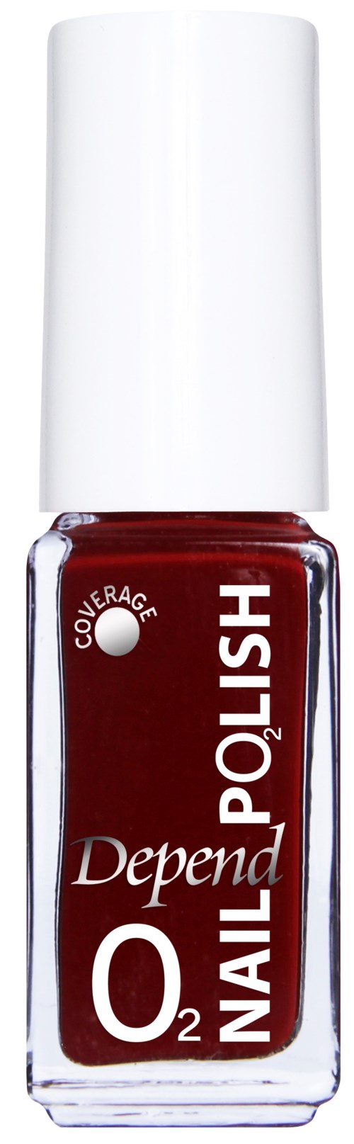 Röda nagellackflaskan med vit plopp märkt "Depend O2 Nail Polish" och "Coverage".