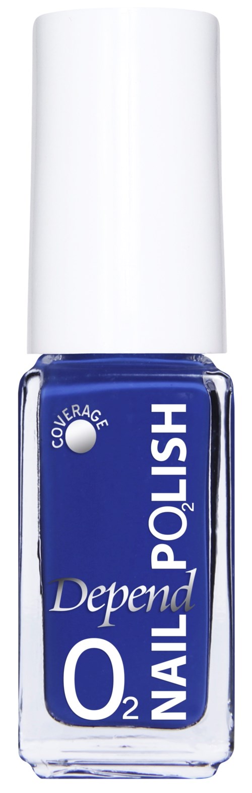 Een klein blauwe nagellakfles met witte dop, gelabeld "Depend O2 Nail Polish".
