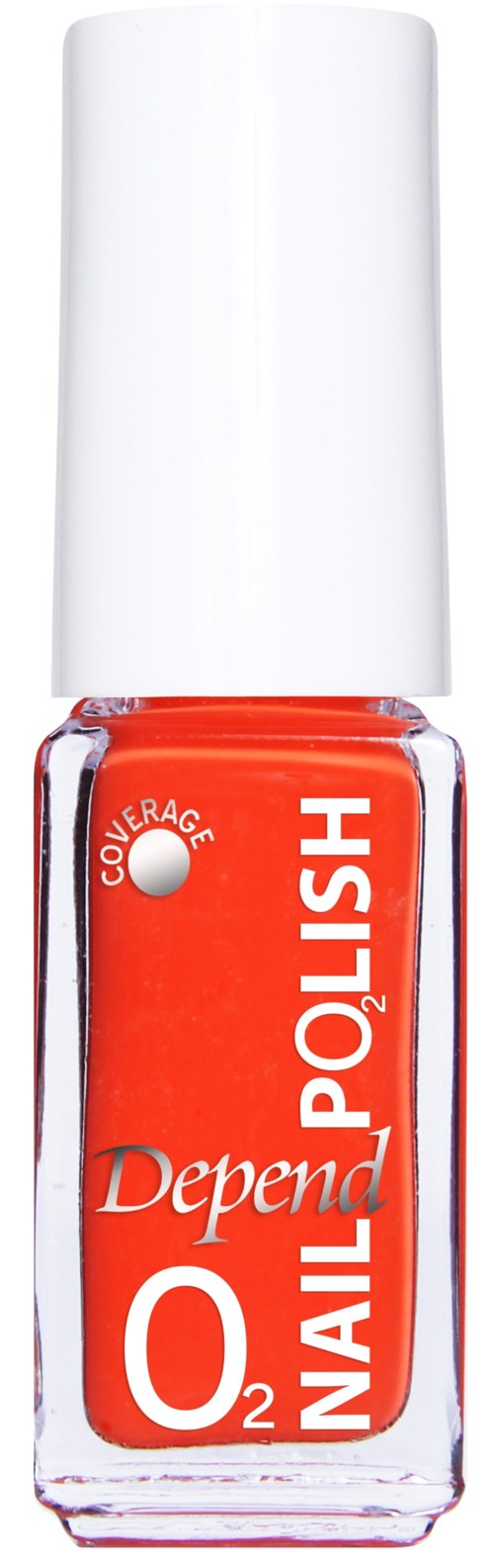 Een kleine flesoranje nagellak met een witte dop, gelabeld Depend Nail Polish, O2 Coverage.