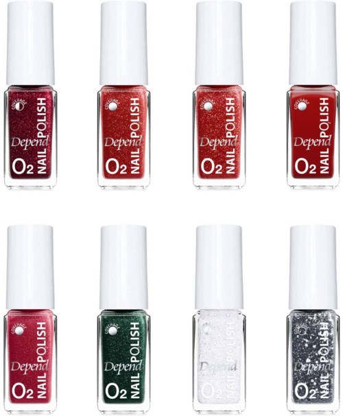 Översta raden har röda nagellackflaskor, nedersta raden har röda, gröna, vita och svarta glittriga nagellackflaskor.