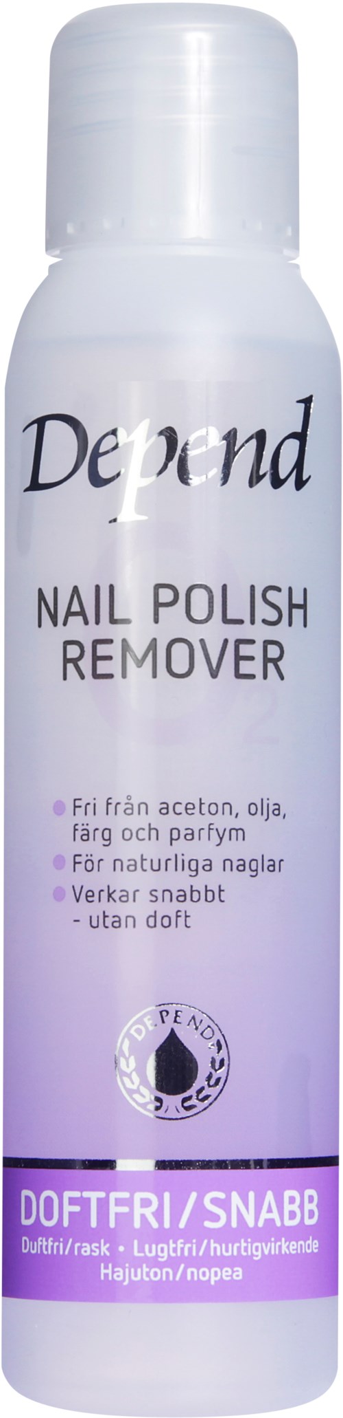 En vit sprayflaska märkt 'Depend' för att ta bort nagellack, snabbt och doftfri.