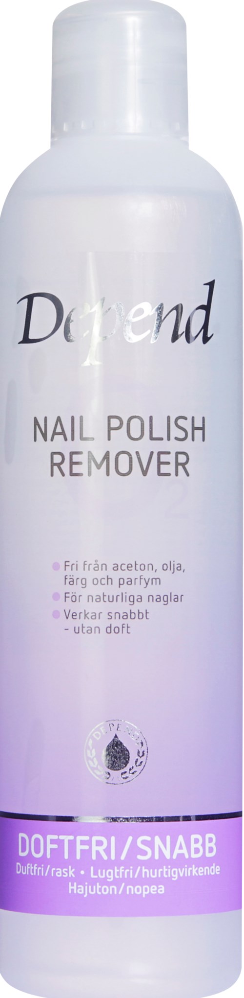Valkoinen pullo kynsilakanpoistoliuosta, jossa on violettia ja mustaa tekstiä ja pieni logo alhaalla.