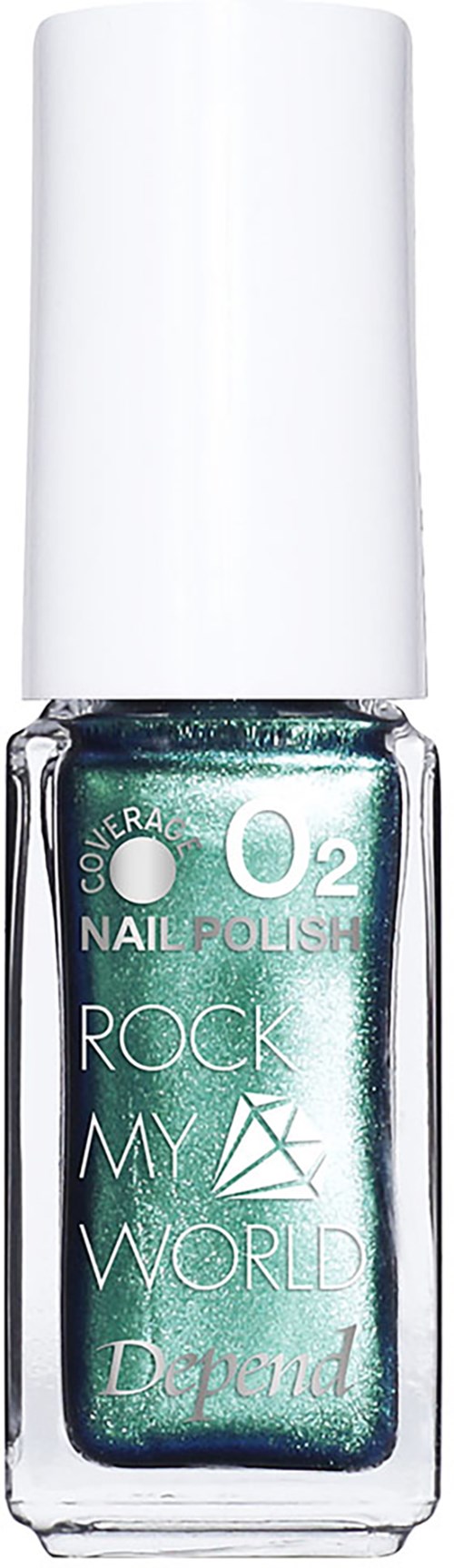En nagellackflaska med grönaktig färg och orden 'Rock My World' på etiketten.