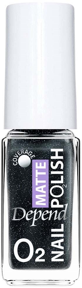 Een kleine fles Depend Nagellak met witte dop en zwart label met tekst "Matte Polish" en "O2 Coverage".