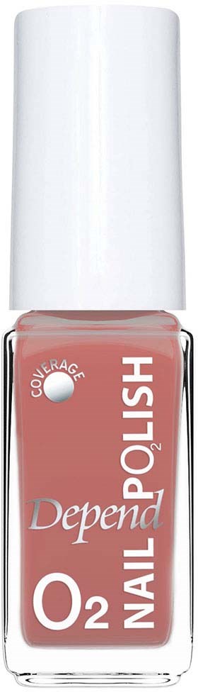 Rosa nagellackflaska med vitt lock, märkt Depend O2 Nagellack, täckning.