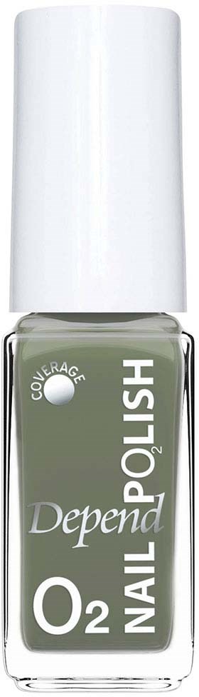 En flaska Depend O2 nagellack i ljusgrön färg med ett vitt lock.