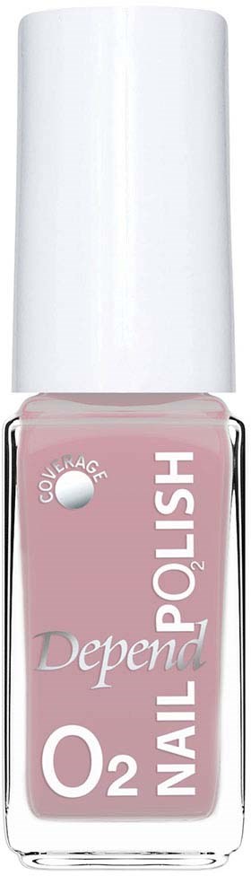 Pink neglelakkflaske med hvit hette, merket med merke og produktdetaljer.