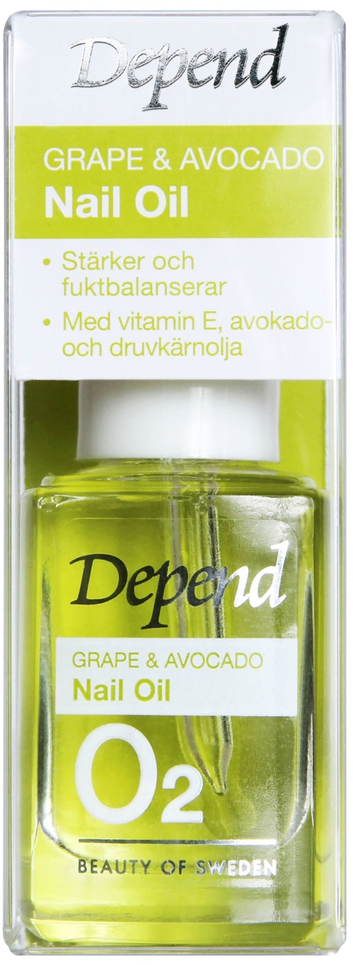 En liten flaske negleolje med grønn etikett, inneholder drue og avokadoolje, styrker og balanserer negler.