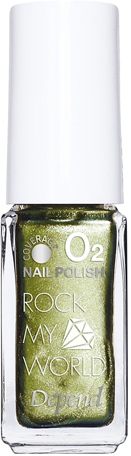 Grön nagellack i en klar flaska med vit kork, märkt "O2 Rock My World" av Depend.