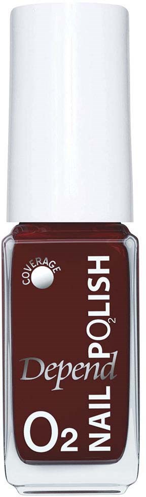 Röd nagellackflaska med vit kork, märkt 'Depend O2 Nail POLISH' med täckningsmärke.