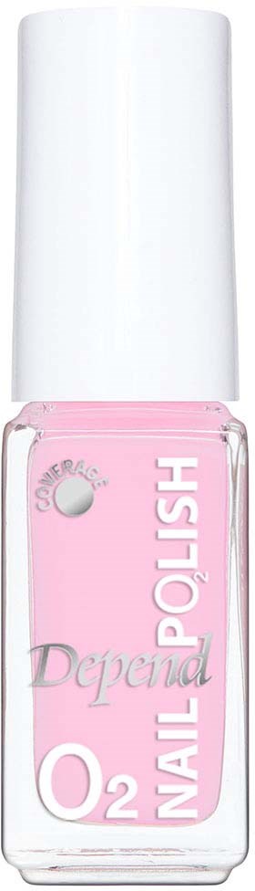 Liten rosa nagellackflaska med vit kork, märkt 'HST POLISH' och 'Dependa O2'.