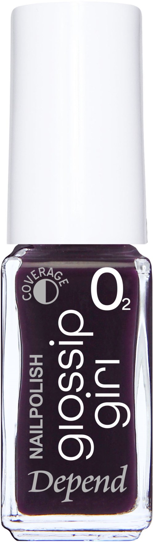 Nagellackflaska med lila färg och vitt lock. Etiketten säger "depends" och "nailpolish".