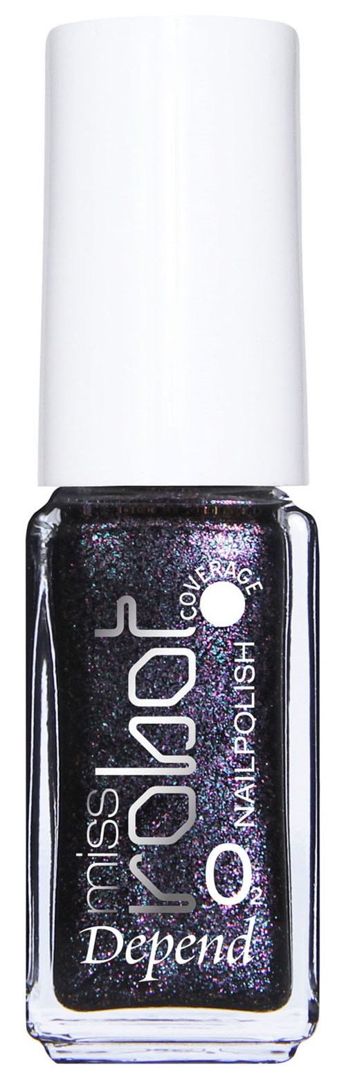 En flaska Depend nagellack med mörk, glitterfärgad nyans och vit hatt.