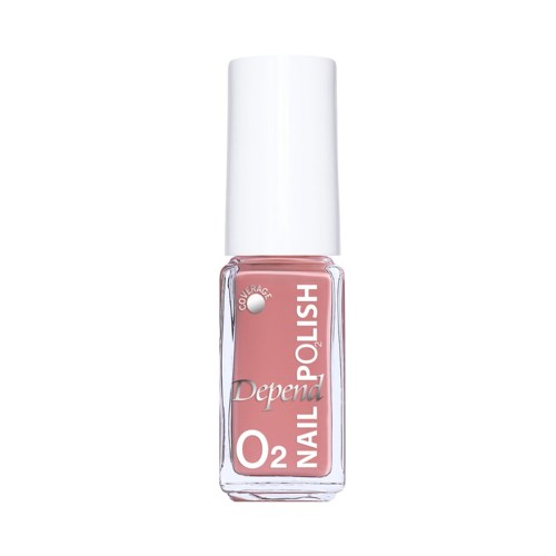 Ett nagellackflaska med rosa färg, vitt lock och etikett som säger 'Depend', 'O2' och 'NAIL POLISH'.