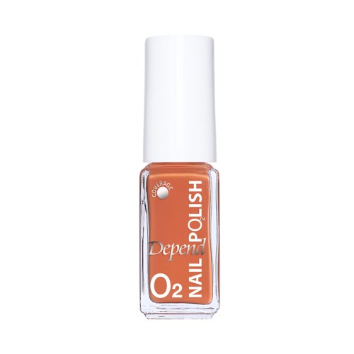 En flaska orange nagellack med vit kork och etikett som säger 'Depend' och 'Nail O2 Lush' med en mod-symbol.