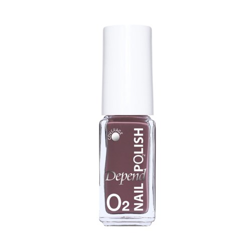 En liten flaska nagellack i rosa med vit kork och etikett som säger "Depend O2 Nail".
