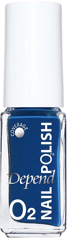 En blå nagellacksflaska med vit kork och vit och silver text på etiketten.