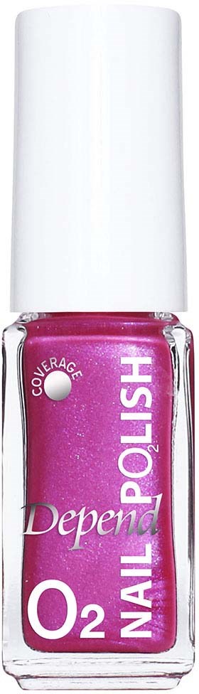 Pink nagellacksflaska med vitt lock, märkt 'Depend O2 Nail Polish' med täckningsindikator.
