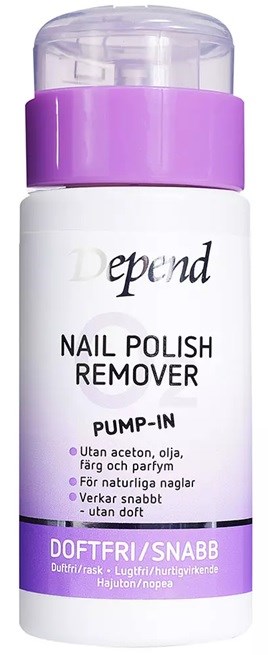 En vit flaska med lila lock och etikett, märkt 'Depend Nail Polish Remover', med svensk text om snabb och odörfri borttagning.