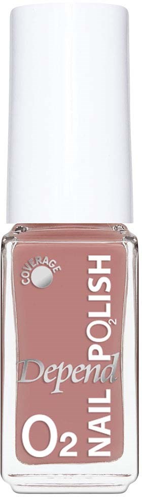 Roze nagellakfles met wit deksel en etiket met de tekst Depend O2 Nail Polish en dekking.