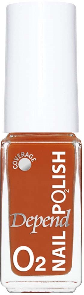 En liten flaska Depend nagellack med orange färg och vit kork.