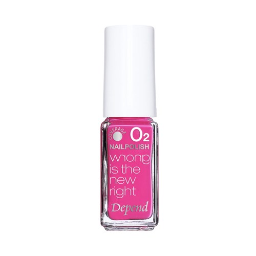 Rodnagellackflaska med vit kork, etikett säger 'O2 Nail Polish' och 'Depend'.