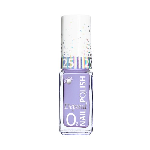 En flaska med lila nagellack med vit lock och färgglad konfettidesign ovanpå.