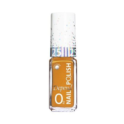 Orange nagellacksflaska med vit och lila lock, märkt "Depend" och "0" för ingen nagellack.