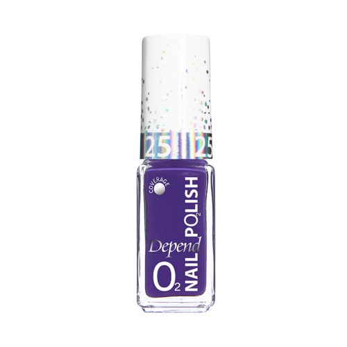 Lila nagellackflaska med vit lock och färgglad konfettidesign ovanpå.