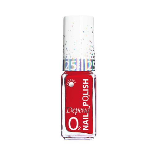 En röd nagellackflaska med vit och silverkork, märkt "Depend" och "Nail" på fronten.