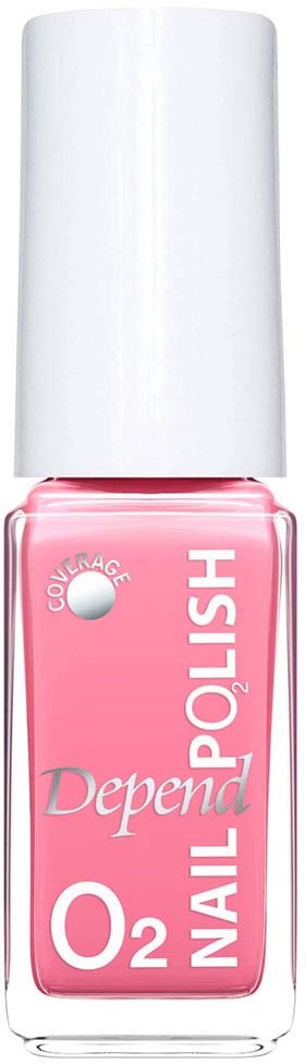 En rosa flaska Depend O2 nagellack med en vit kork, märkt 'Coverage' på framsidan.