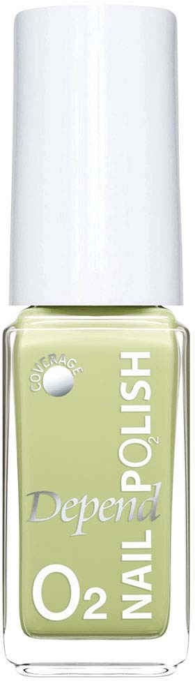 Gele nagellakfles met witte dop, gemarkeerd Depend O2 Nail, glanzend en schoon.