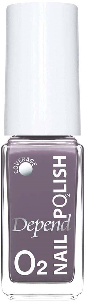 Een fles Depend nagellak met paarse kleur en witte dop. Het heeft woorden zoals 'O2', 'Depend' en 'Nail'.