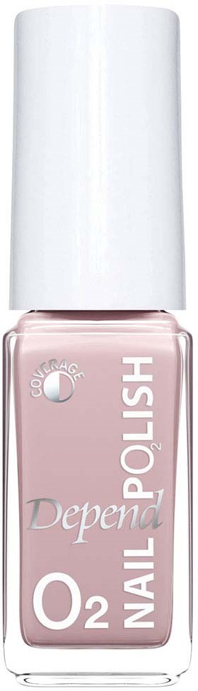 Rosa neglelakkflaske med hvit lokk, merket 'Depend' og 'O2 Nail Polish'.