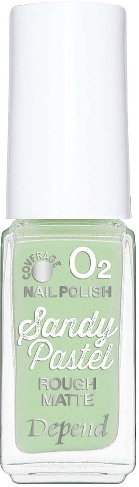 Een nagellak met de naam 'Sandy Pastel' in lichtgroen met een witte dop.