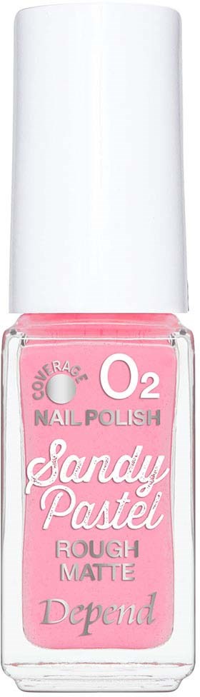 Roze nagellakfles met label 'Sandy Pastel' en witte dop.