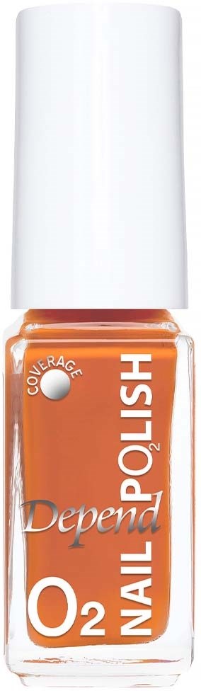 Orange nagellackflaska med vit lock, etiketten säger Depend O2 Nail, täckning och nagellack.