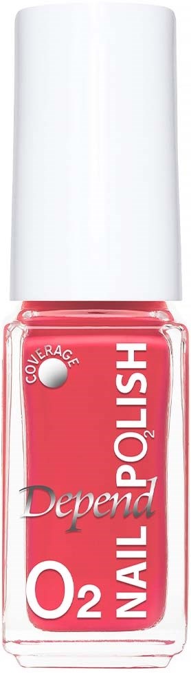  rosa nagellackflaska med vitt lock och text, som säger "Depend O2 Nail" och "Coverage 2."