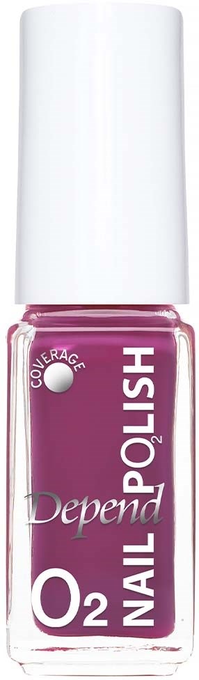 En rosa nagellackflaska med vit lock, märkt "Depend O2 Nail Polish," visar täckning och varumärkesnamn.