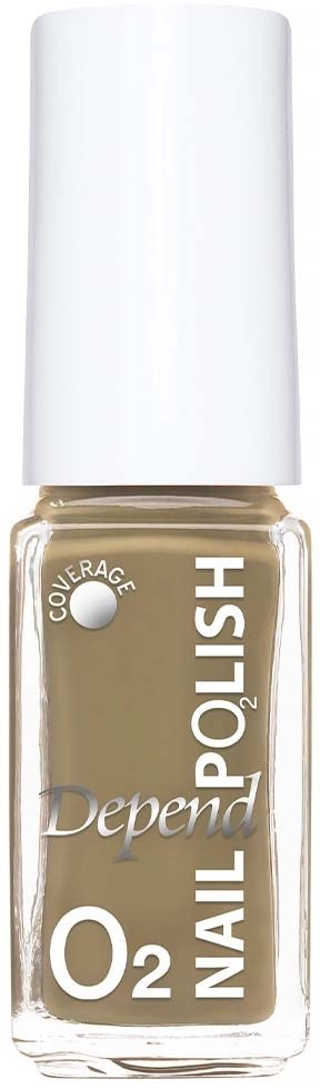 En klar nagellackflaska märkt 'Depend O2 Nail' med vit kork och beige nagellack inuti.