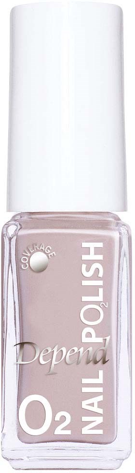 En nagellackflaska med vit lock och ljusrosa lack inuti, märkt "Depend Nail O2" och "HSH."